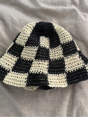 Black & Cream Crochet Checkerboard Bucket Hat